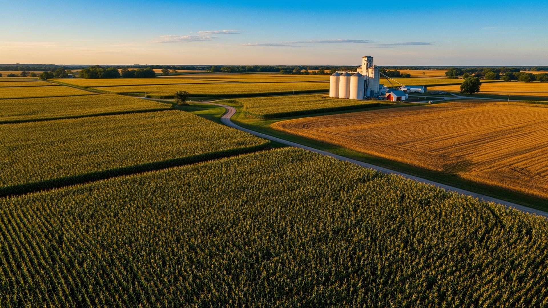 Aerial view of Midwestern cornfields with field boundaries and a grain elevator at golden hour